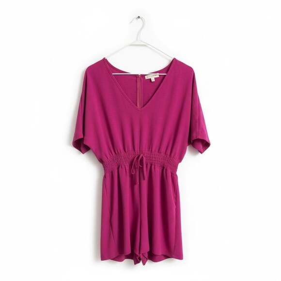 Louna Pants - Magenta V-Neck Smocked Waist Tie-Back Romper